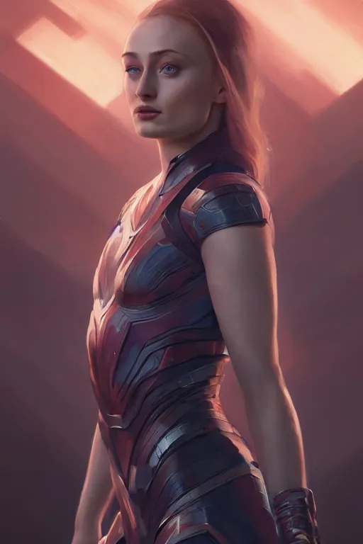 Prompt: a potrait of Sophie Turner as Kryptonian by Greg Rutkowski, Sung Choi, Mitchell Mohrhauser, Maciej Kuciara, Johnson Ting, Maxim Verehin, Peter Konig, 8k photorealistic, cinematic lighting, HD, high details, dramatic, trending on artstation, full body shot