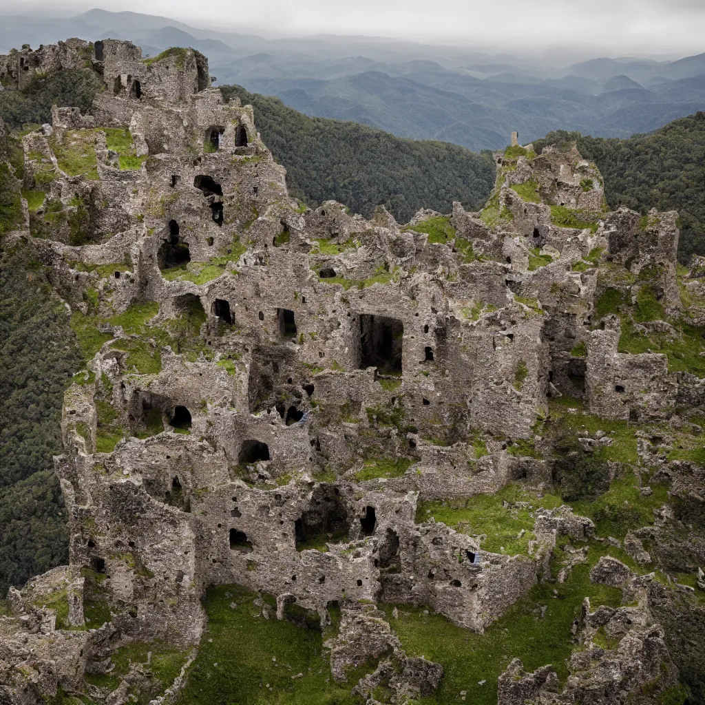 Image similar to photograph, a ruined castle on top of a big mountain, the photo was taken from very far away below the castke looking up at it, there are no other mountains around it, there is only sky in the background, day time, ambient lighting, exteme far up, ultra high detail, 8 k