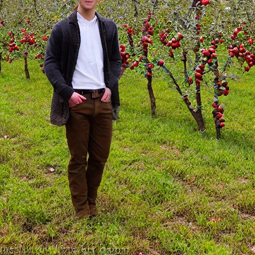 Image similar to portrait of an elf man, standing in an apple orchard, dressed well, very handsome