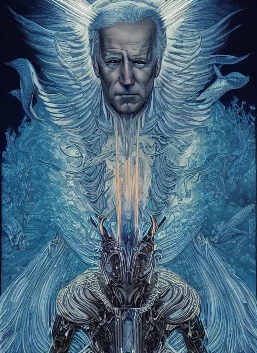 Image similar to joe biden's angelic true form revealed, fantasy, heroic, high details, intricate details, by vincent di fate, artgerm julie bell beeple, 1 9 8 0 s, inking, vintage 8 0 s print, screen print