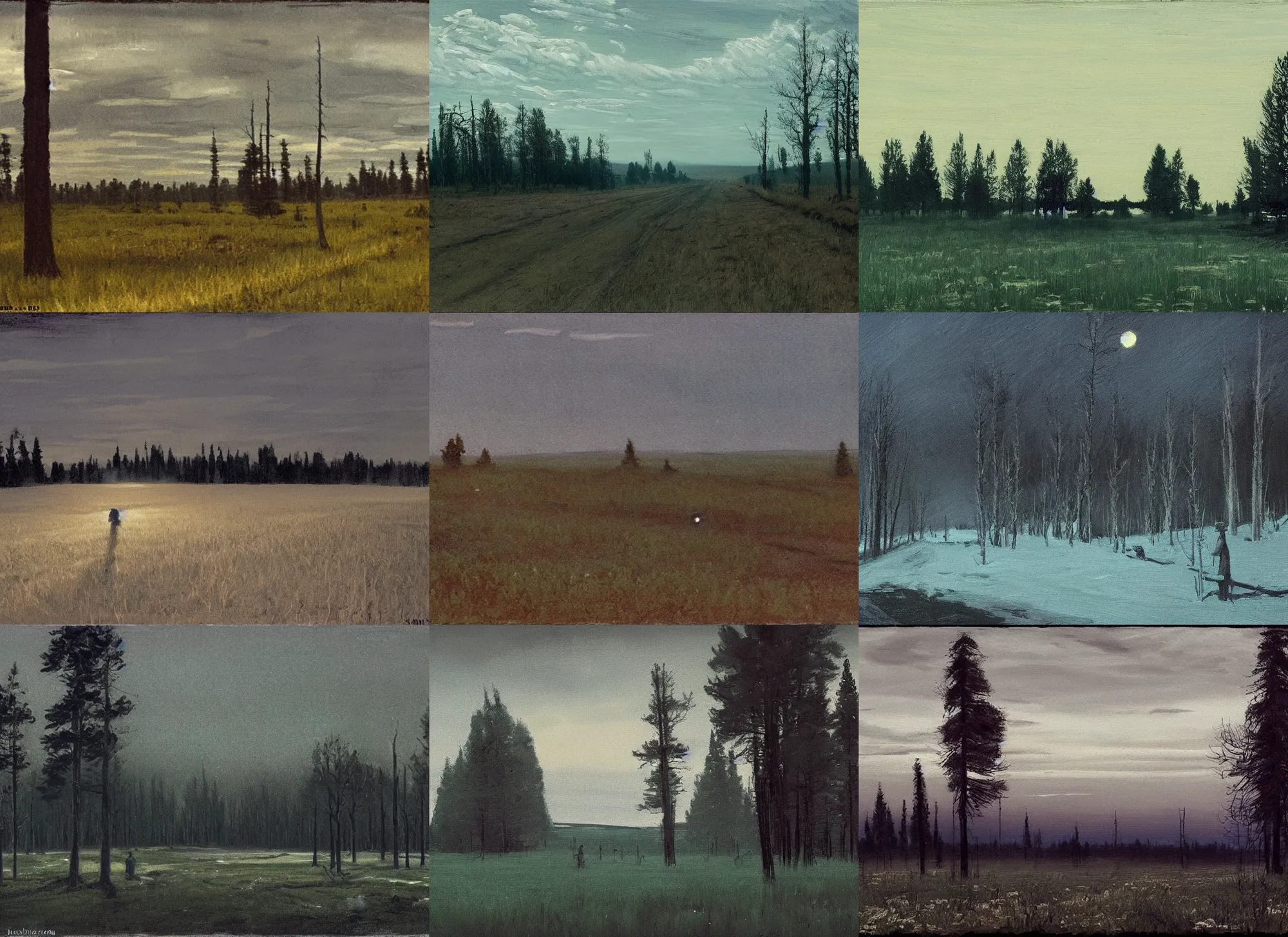 Prompt: dark mood, roger deakins filming, nightfall, painting in the style of isaak levitan and ivan shishkin