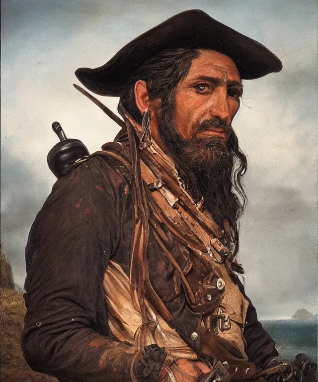 Prompt: ultra realistic color portrait painting of a spanish bandolero 1 9 th century pirate with a trabuco, dark, painted, brooding, atmospheric, landscape, smooth, epic, highly detailed, cinematic