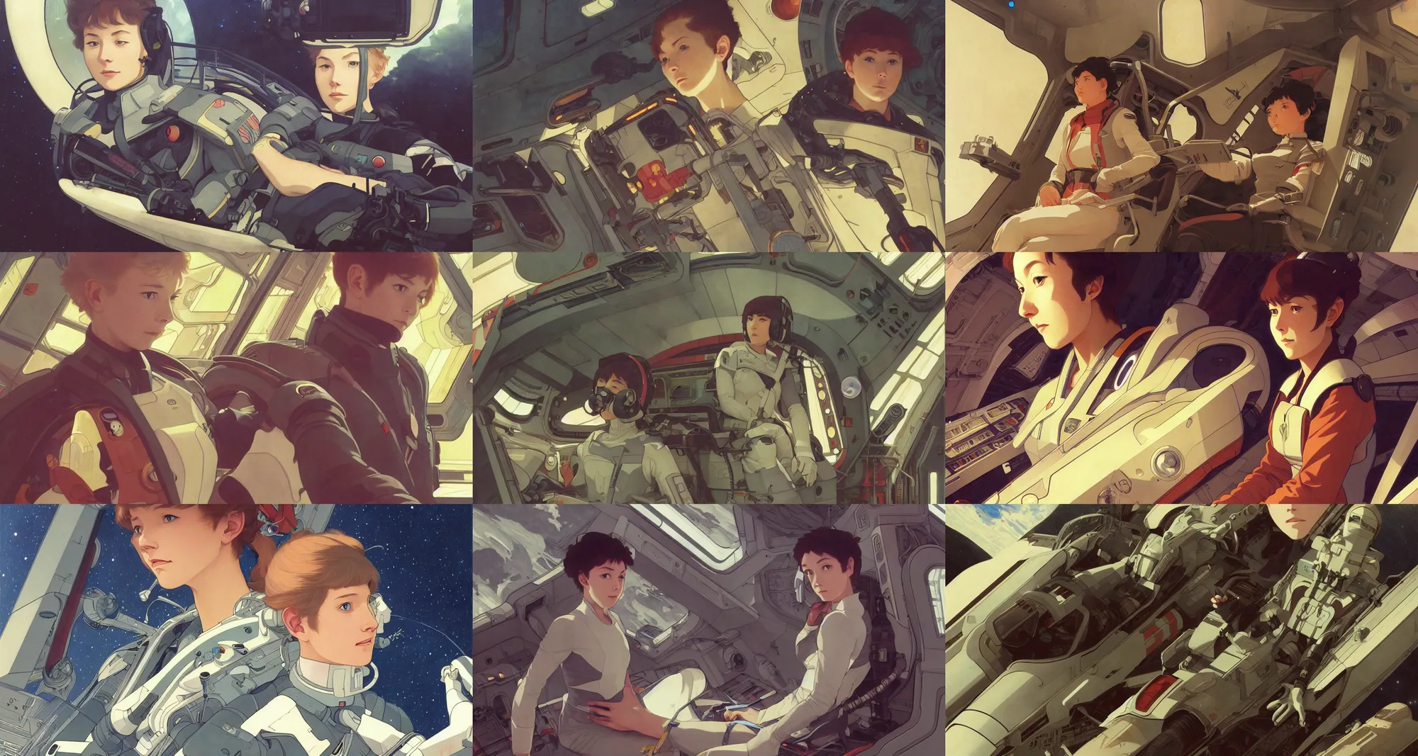 Prompt: starship captain sitting in a cockpit, science fiction, finely illustrated face, highly detailed, colored pencil, studio ghibli, tankobon, in the style of ilya kuvshinov and krenz cushart and william - adolphe bouguereau and alphonse mucha