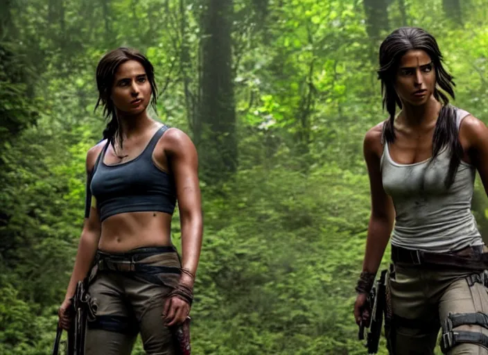 Image similar to film still of!!!! naomi scott!!! as lara croft in new tomb raider movie, 8 k