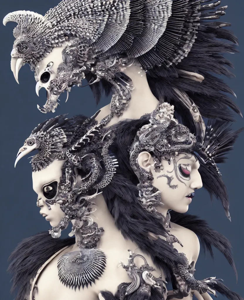 Image similar to 3 d goddess close - up profile portrait punk with mohawk with ram skull. beautiful intricately detailed japanese crow kitsune mask and clasical japanese kimono. betta fish, jellyfish phoenix, bio luminescent, plasma, ice, water, wind, creature, artwork by tooth wu and wlop and beeple and greg rutkowski