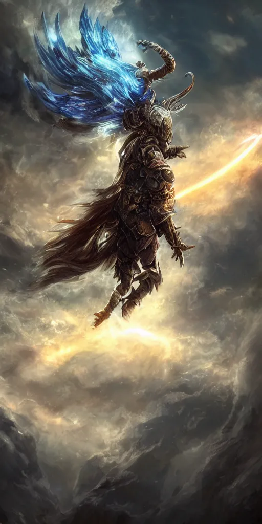 Image similar to magical warrior ascending through the heavens, fantasy apocalypse, digital art, highly detailed, mmo, 4 k,