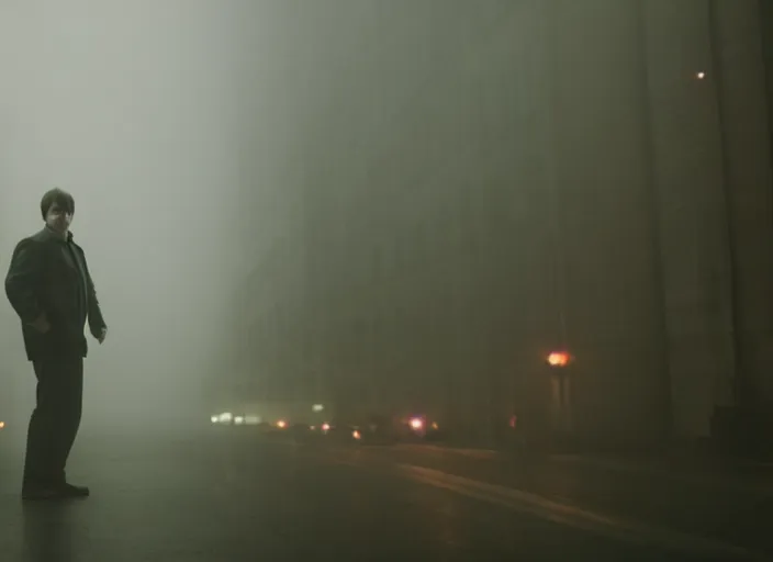 Prompt: film footage of giant michael j. fox in a foggy city, eerie, monster movie, 8 k, 8 5 mm f 1. 8, studio lighting, rim light, right side key light