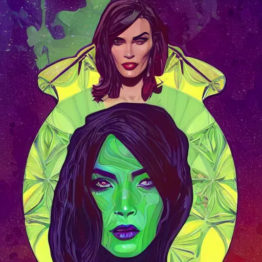 Image similar to Megan Fox as gamora (Guardians of the Galaxy) by Sandra Chevrier, Alphonse Mucha, beeple, Pi-Slices and Kidmograph, beautiful digital illustration