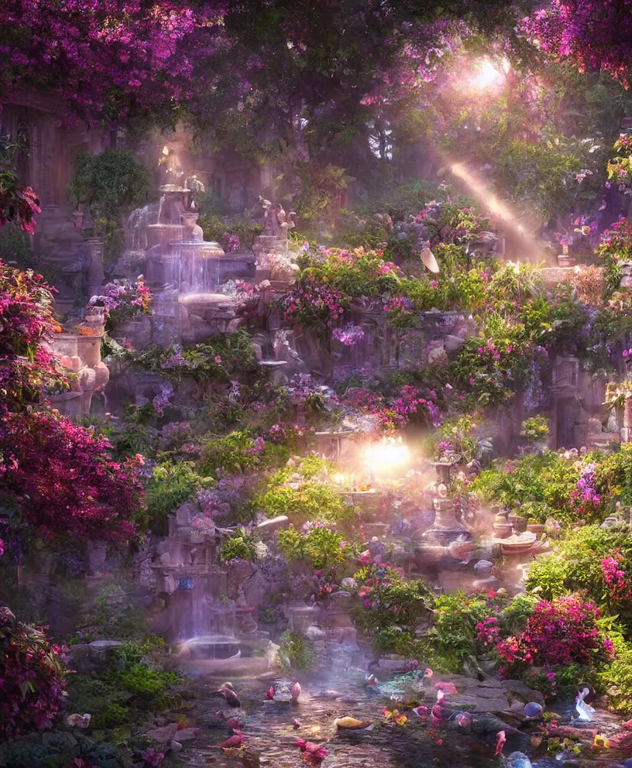 Prompt: beautiful Hyperrealistic Secret flower garden in the middle of temple ruins, water fountain, birds flying, highly detailed, digital painting, volumetric lighting, sunrise, trending artstation, concept art, illustration, cinematic lighting, vibrant colors, photorealism, epic, octane render