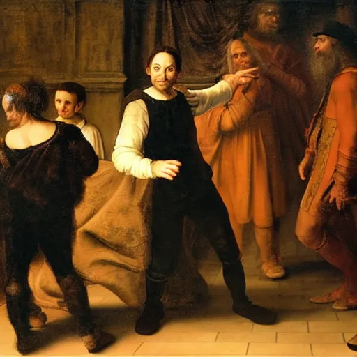 Prompt: renaissance painting of tobey maguire dancing in a classy black suit, in the style of rembrandt