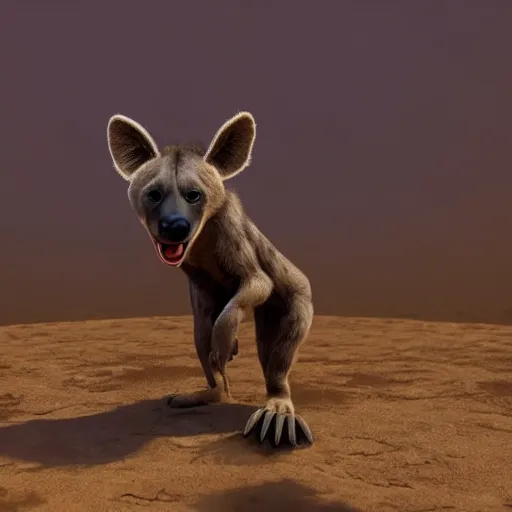 Image similar to portrait of a happy hyena dancing. pixar style animation 3 d extremely gloomy lighting, shining light and shadow, atmospheric, cinematic, unreal engine, 8 k