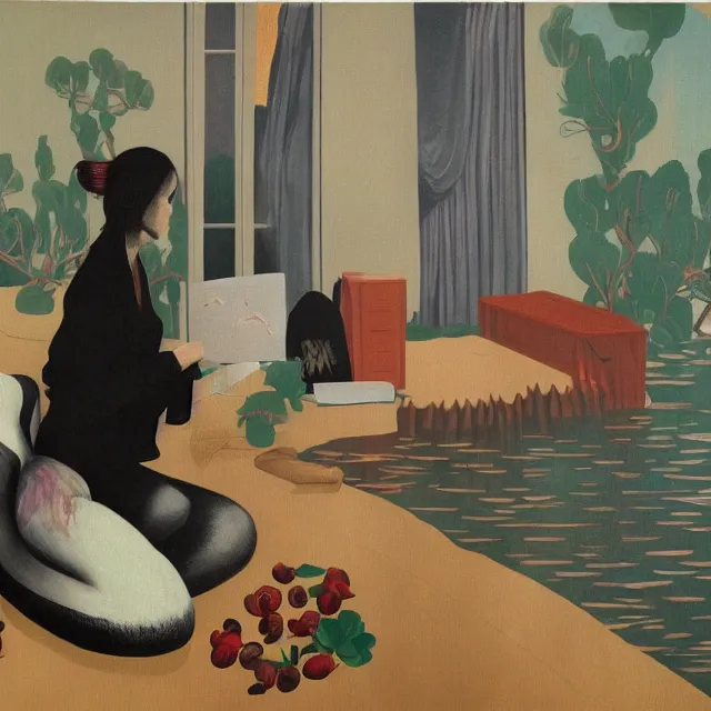 Image similar to female emo art student in her apartment, painting of flood waters inside an artist's feminine bedroom, a river flooding indoors, pomegranates, pigs, ikebana, water, octopus, river, rapids, waterfall, black swans, canoe, berries, acrylic on canvas, surrealist, by magritte and monet