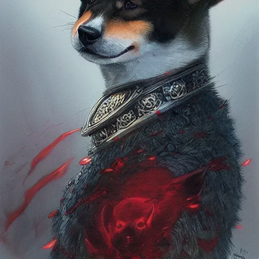 Image similar to anthropomorphic shiba inu, wearing berserk anime darkness armor, blood aura red light, fantasy, dark, portrait art by donato giancola and greg rutkowski, realistic face, digital art, trending on artstation, symmetry