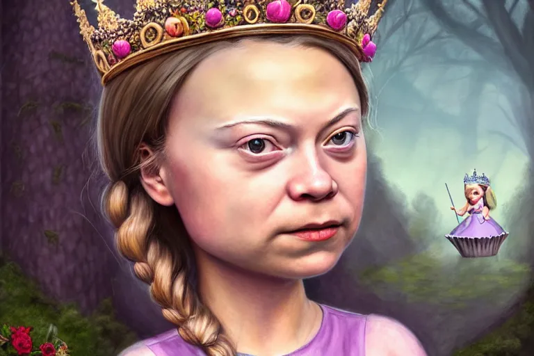 Prompt: closeup profile portrait of greta thunberg as a fairytale princess wearing a crown eating cakes in the castle kitchen, nicoletta ceccoli, mark ryden, lostfish, max fleischer, hyper realistic, artstation, illustration, digital paint, matte paint, vivid colors, bright, cheerful, detailed and intricate environment