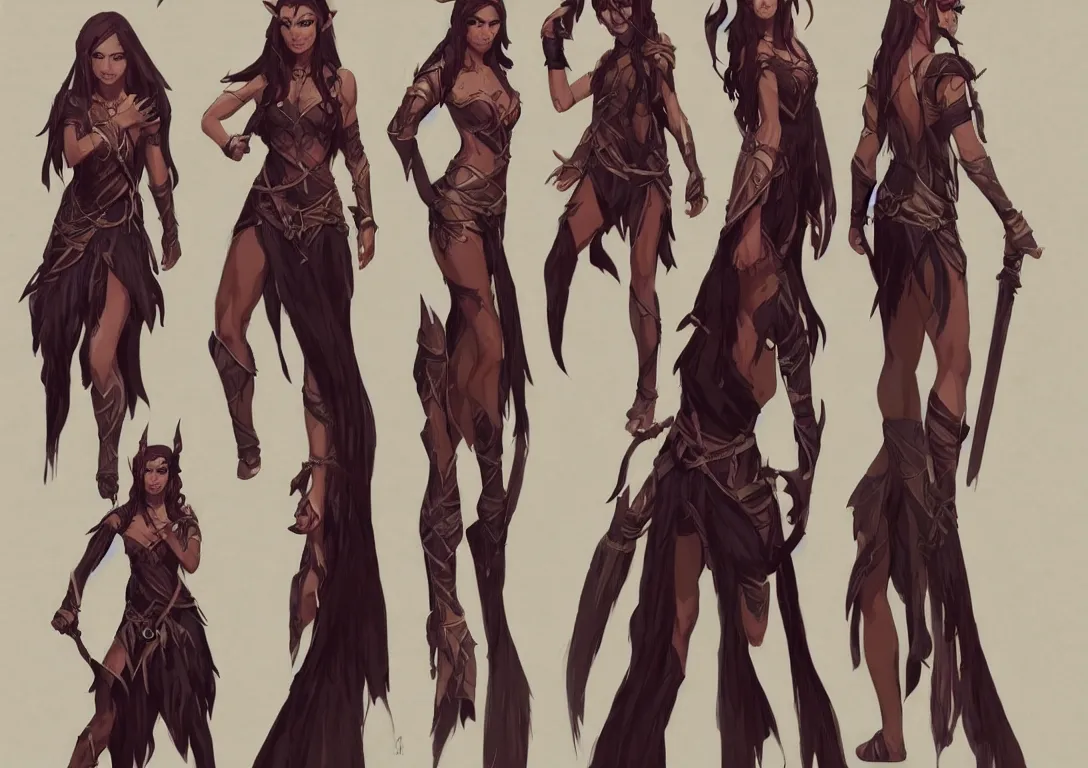 Prompt: half orc half elf woman, ginger extra very long hair, tropical mage dress with high slit, several layers of fabric, character concept art character sheet, by ilya kuvshinov, krenz cushart, Greg Rutkowski, trending on pixiv