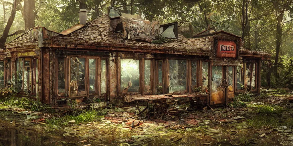 Prompt: abandoned restaurant on overgrown forest, fantasy, ornate, hyper realism, wet reflections, intricate, realistic, digital art, detailed, studio shot, unreal engine 5, octane, high definition, smooth, artstation, behance