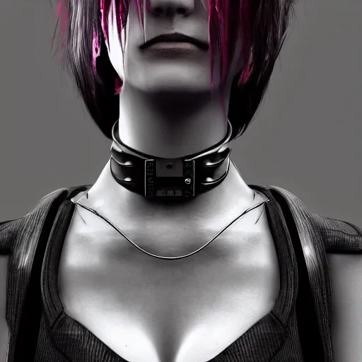 Image similar to detailed realistic female character cyberpunk wearing thick steel collar around neck, realistic, art, beautiful, 4K, collar, choker, collar around neck, punk, artstation, detailed, female, woman, choker, cyberpunk, neon, punk, collar, choker, collar around neck, thick collar, choker around neck, wearing choker, wearing collar,