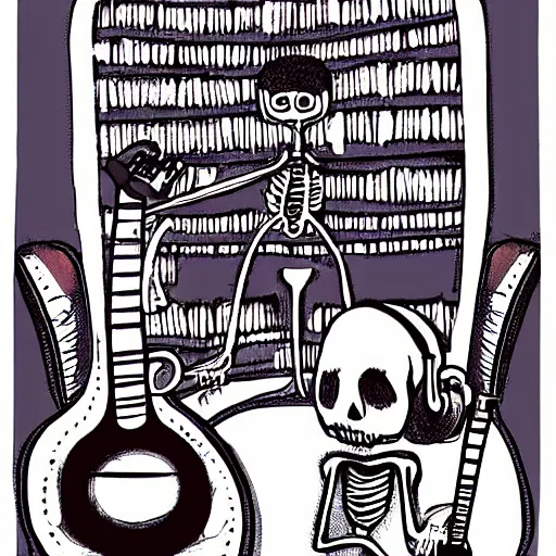 Image similar to skeleton wearing headphones watching girl playing guitar with her black cat standing next to her, digital art