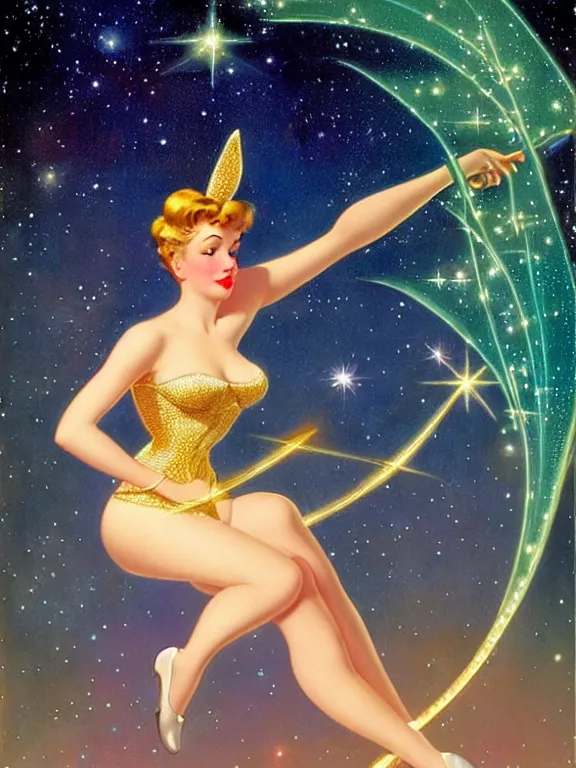 Image similar to Diana argon as tinkerbell glowing, a beautiful art nouveau portrait by Gil elvgren and Hajime Sorayama, moonlit starry sky environment, centered composition, defined features, golden ratio, gold jewlery, sheer silk