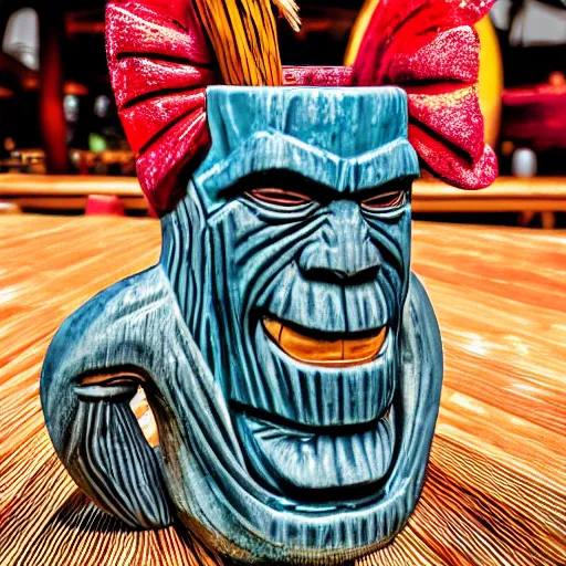 Image similar to a closeup photorealistic photograph of a thanos style tiki mug sitting at a trader vic's beach bar featuring the face of thanos. tiki party. bright scene. fine detail. this 4 k hd image is trending on artstation, featured on behance, well - rendered, extra crisp, features intricate detail, epic composition and the style of unreal engine.