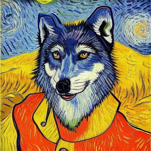 Image similar to painting of retarded wolf, vivid colors, van gogh