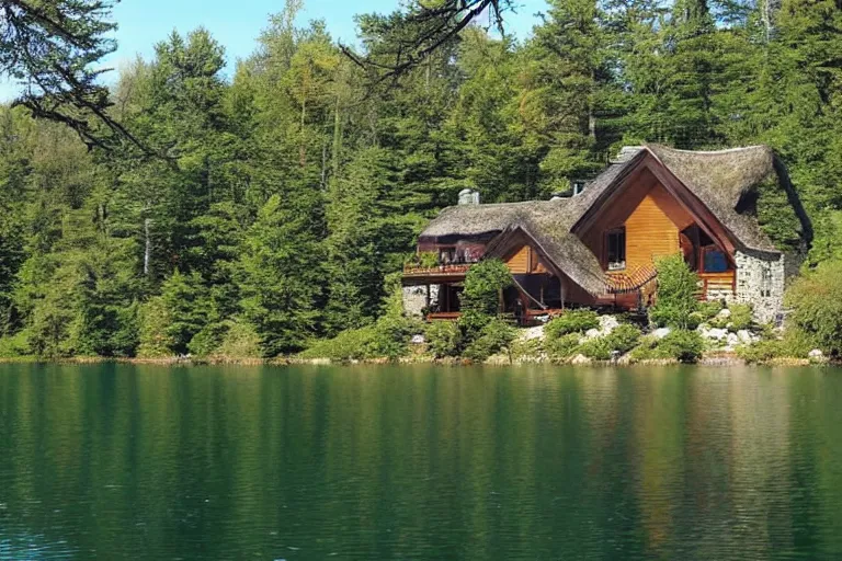 Prompt: cottage in the woods on a cliff beside a lake relax style