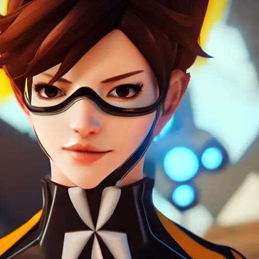 Image similar to tracer overwatch wearing black choker, dark makeup, feminine facial features, detailed eyes, detailed face, 4 k,