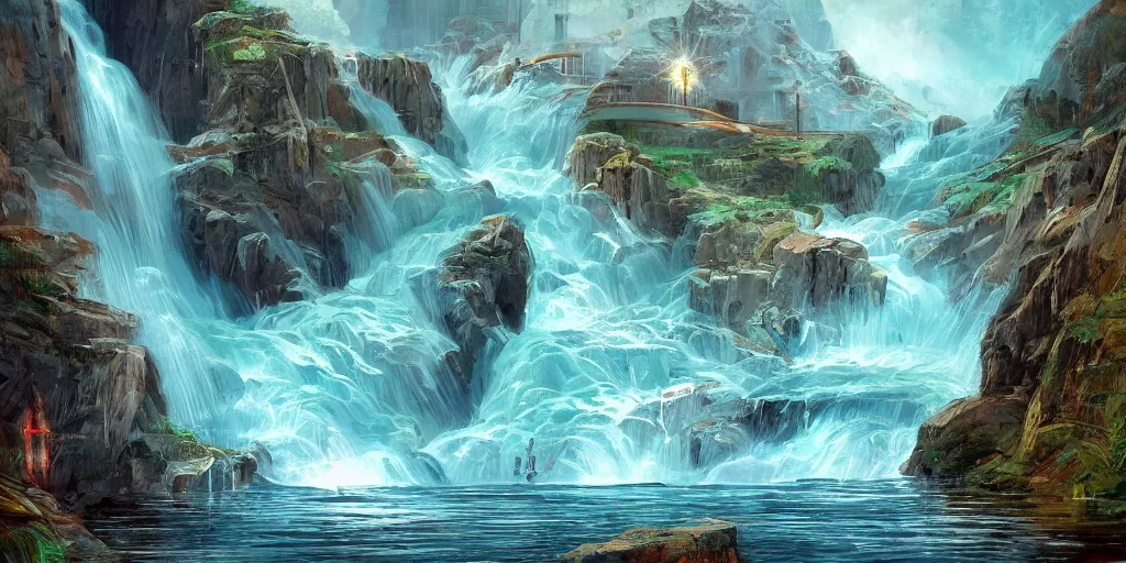 Image similar to dam breach, powerful water flowing, utopian happy atmosphere, incredible masterpiece of digital art, concept art illustration, award - winning, retro futurism