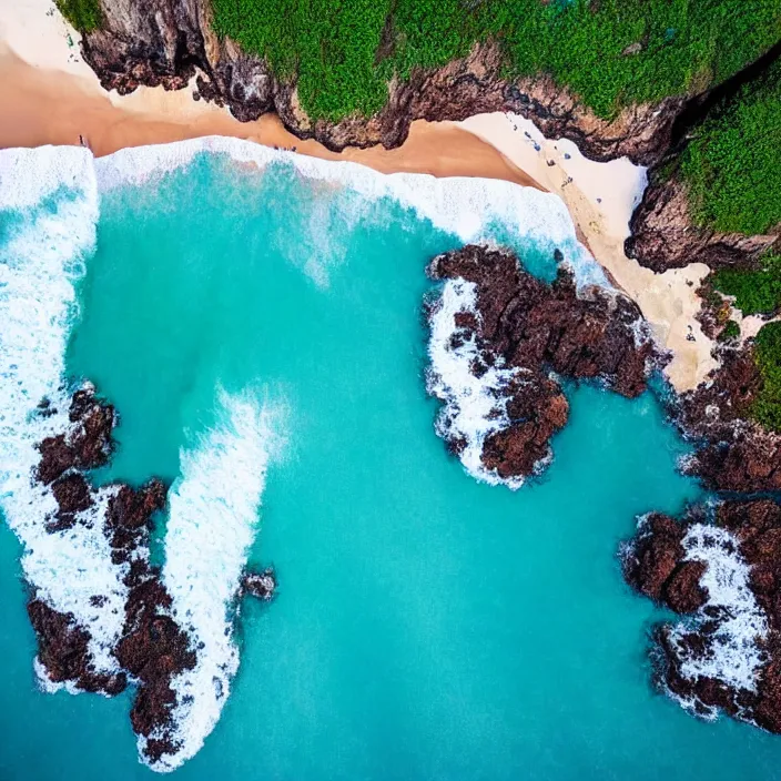 Image similar to an aerial perspective of a crystal clear bay, beach, turquoise ocean, photo - realistic, highly detailed, surfers surfing waves, serene