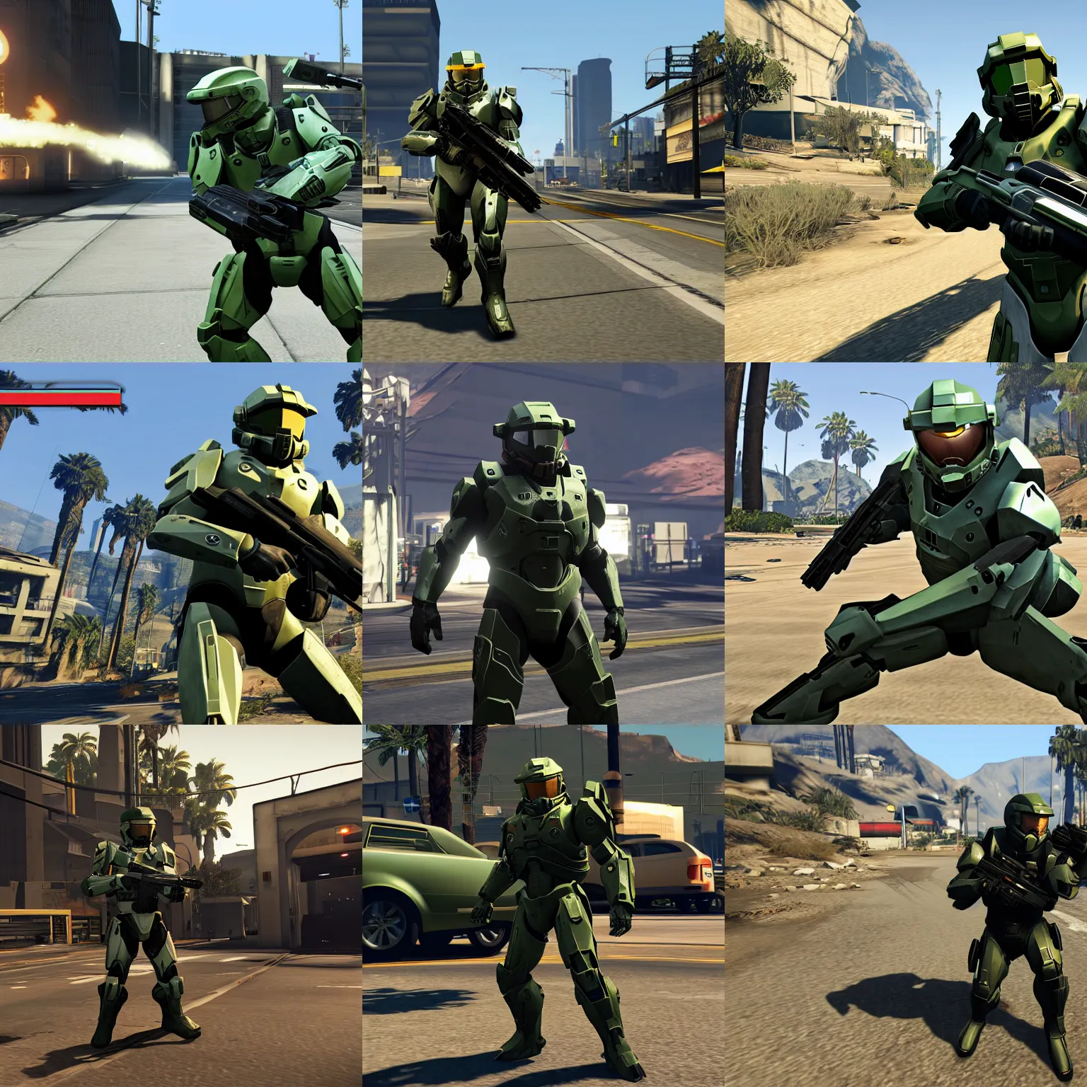 Prompt: gameplay screenshot of master chief in grand theft auto v