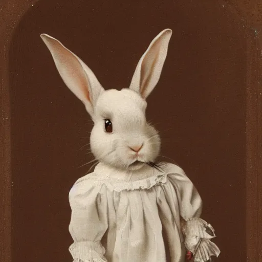 Image similar to a victorian portrait of a rabbit wearing a white dress