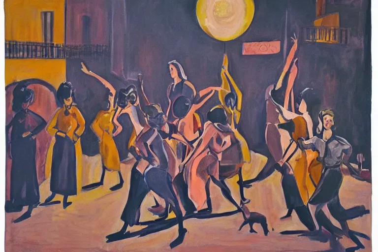 Image similar to woman movement, lisbon city at night, art in the style of paula rego