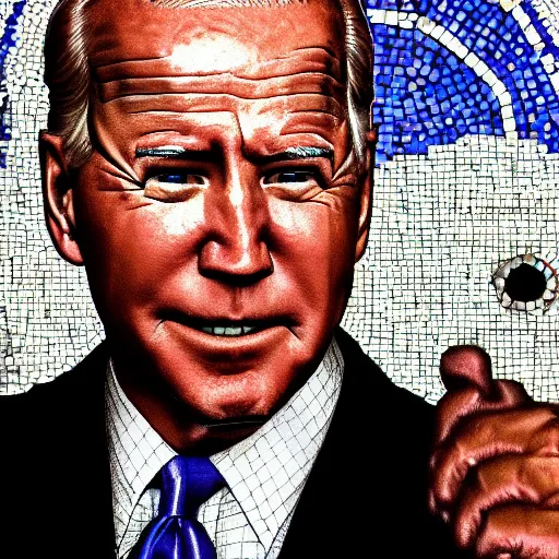 Image similar to portrait mosaic of joe biden with robot eyes, 4k, intricate details, digital, between heaven and hell