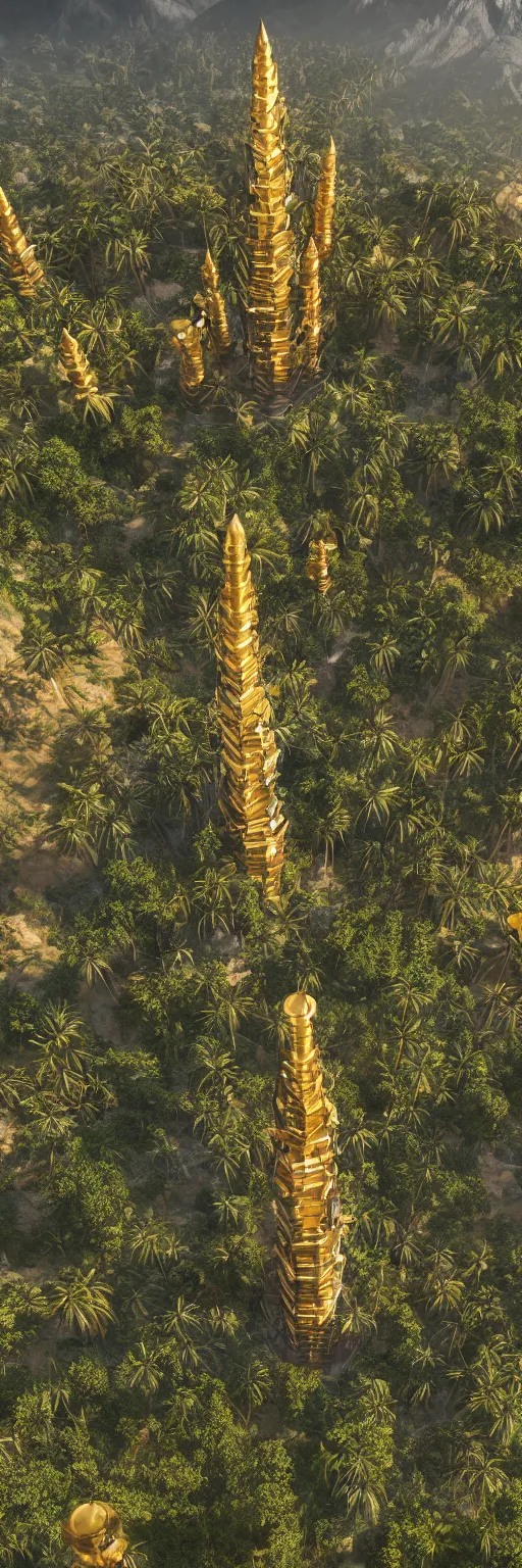 Image similar to photo of vertical golden village in the form of a tower, arid mountains and lush palm forest, photo realism, sharp focus, octane