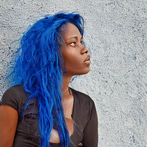 Image similar to portrait of a woman with darker skin with long blue hair and blue eyes, movie still, high definition, colored