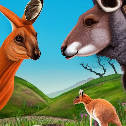 Image similar to a Muscular kangaroo and a Chinese rural dog look at each other, blue sky, garden, highly detailed, digital painting, concept art, sharp focus