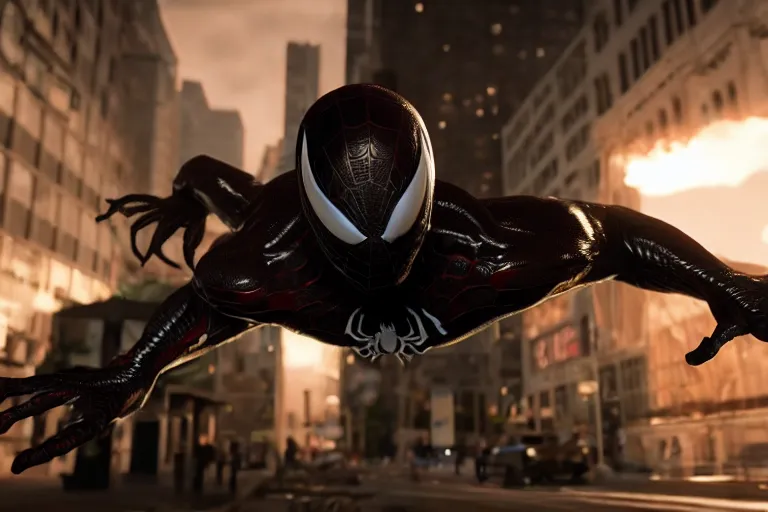 Image similar to venom fused with spider - man, ultra realistic 4 k unreal engine very cinematic render with ray tracing bloom ambient occlusion strong reflections