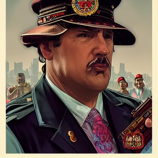 Image similar to [RiffRaff as the president of Canada as a GTA character, propaganda, closeup, D&D, intricate, elegant, highly detailed, digital painting, artstation, concept art, matte, sharp focus, illustration, art by Artgerm and Greg Rutkowski and Alphonse Mucha]