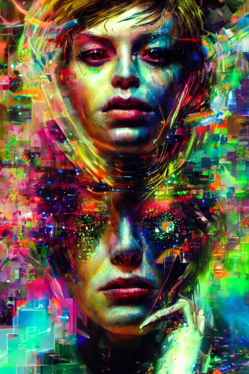 Image similar to portrait, headshot, digital painting, an delightfully mad techno - shaman lady, closed eyes, synthwave, glitter, glitch, refraction, fracture, realistic, hyperdetailed, chiaroscuro, concept art, painterly, art by john berkey