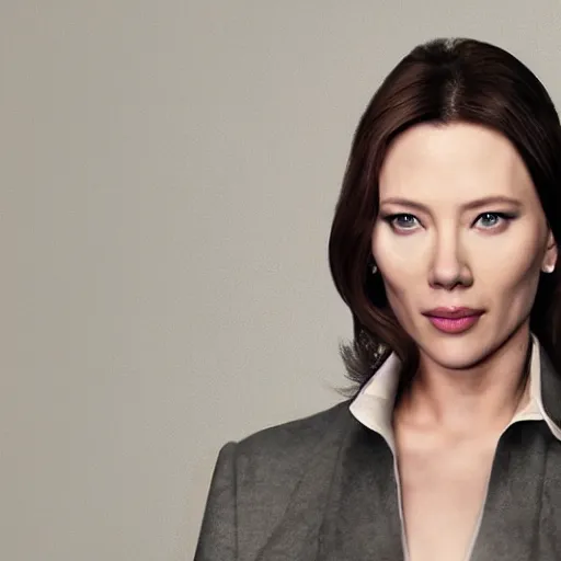 Prompt: a woman who is a genetic combination of scarlett johansen and lucy liu face and upper - body focus