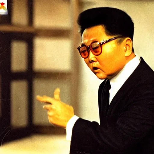 Image similar to Kim Jong-il in the role of James Bond, action filmstill, 1960s spy, Walther PPK