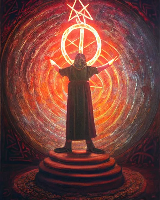 Image similar to encaustic painting of mage reciting an incantation and standing on glowing circular runes in the middle of dark room, high production value, intricate details, high resolution, hyperrealistic, hdr, high definition, masterpiece, ultra realistic, highly detailed, hd, sharp focus, non blurry, sharp, smooth