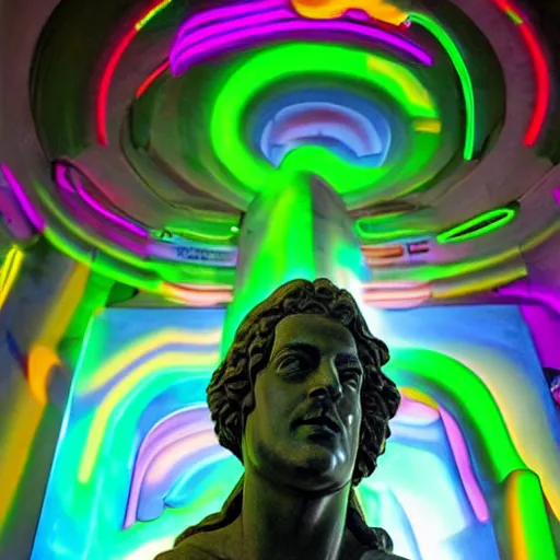 Image similar to renaissance statue surrounded by neon abstract art, highly detailed