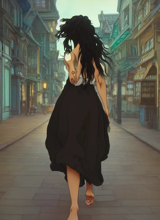 Prompt: pretty young black woman with long hair walking down a city street at dusk, path traced, highly detailed, high quality, digital painting, by studio ghibli and alphonse mucha, leesha hannigan, makoto shinkai, disney