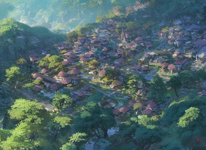 Prompt: concept art painting of a small woodland village in a valley seen from above, european japanese buildings, early morning, cel shaded, detailed, realistic, by makoto shinkai and moebius and greg rutkowski and james gurney