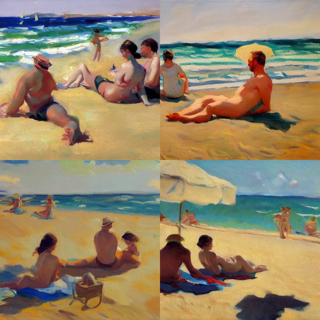 Prompt: oil painting of sunbathers on beach in the style of joaquin sorolla