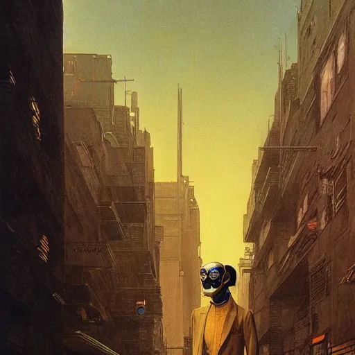 Image similar to portrait of masked cyberpunk scientist on the art deco streets of the Empire city, award-winning realistic sci-fi concept art by Beksinski, Bruegel, Greg Rutkowski, Alphonse Mucha, and Yoshitaka Amano