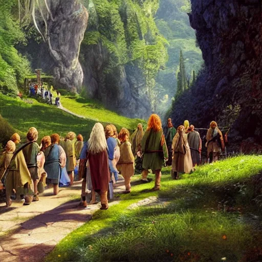 Image similar to the hobbits with gandalf are walking along the bridge to rivendell, the elves warmly welcome them, blue clear sky, vivid color, highly detailed, digital painting, artstation, matte, sharp focus, impressionnisme, art by shishkin and kuindzhi