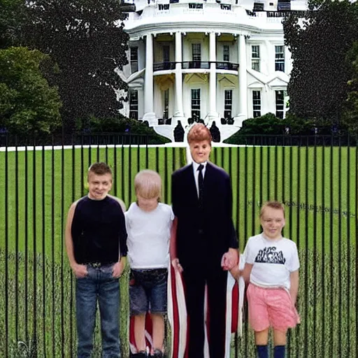 Image similar to one girl and three boys, they are siblings, the wall of a white house is in the beackground