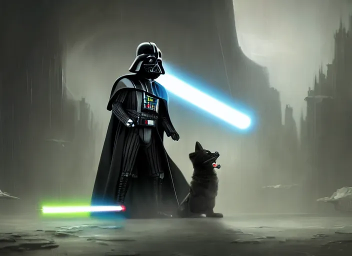 Prompt: a Photorealistic dramatic hyperrealistic render of darth vader with lightsaber drawn facing off against a calm cute corgi in battle, futuristic star wars vibe, by WLOP and Artgerm and Greg Rutkowski and Alphonse Mucha, Beautiful dynamic dramatic dark moody lighting, shadows, cinematic atmosphere, Artstation, concept design art, Octane render, 8K, masterpiece, sharp focus